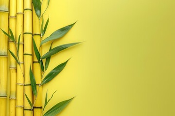 Fototapeta na wymiar Yellow Background With Bamboo Sticks and Green Leaves