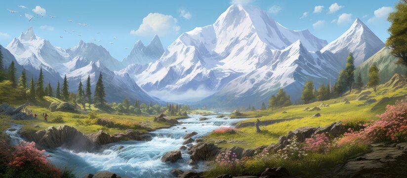 A serene painting captures a majestic mountain landscape with a gentle stream flowing through it, creating a tranquil scene