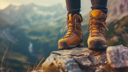 Fototapeta premium Close-up of a hiker's boots on the edge of a mountain summit, capturing the essence of achievement and the beauty of the highlands.