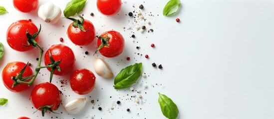 Tomato sauce ingredients include cherry tomatoes, garlic, green basil, black pepper, and salt on a white background with space for text.