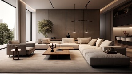 Interior design of modern luxurious living room with sophisticated palette 
