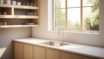 A modern kitchen sink with a view of the forest outside the window