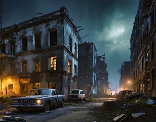 Fototapeta na wymiar Illustration of a decaying city with abandoned buildings and cars