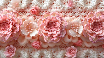 An elegant display of knitted fabric art featuring coral and cream roses set against a wavy patterned background, highlighting meticulous craftsmanship and intricate detail.