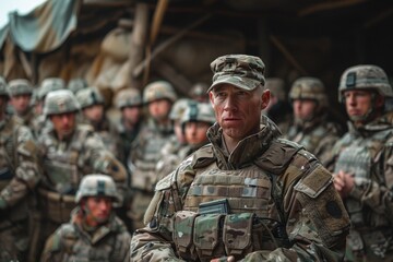 Fototapeta premium Confident Military Commander Overseeing Troops with Stern Expression During Tactical Operations Briefing