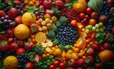 Naklejka na ściany i meble Diverse array of vibrant fruits and vegetables tightly packed together depicting natural abundance and health