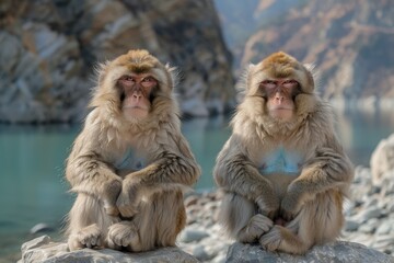 Fototapeta premium Monkeys sits authoritatively upon a rocky outcrop