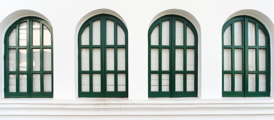 A symmetrical row of green arched windows with tints and shades on a white building facade, creating a beautiful contrast against the rectangle shape of the house