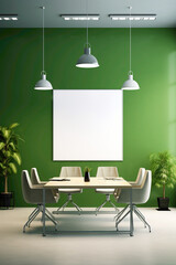 A contemporary green meeting room with a whiteboard wall and a blank whiteempty frame.