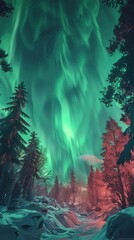 Obraz premium Amazing scenery of green aurora borealis shining in night sky over snowy mountain and sea. Night winter landscape with aurora and reflection on the water surface.