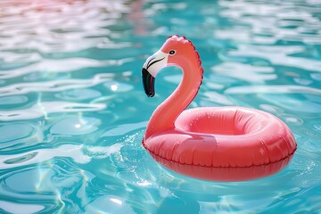 Beach flamingo. Pink pool inflatable flamingo for summer beach isolated on white background.  - obrazy, fototapety, plakaty