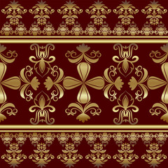 Damask Pattern Classic seamless vector pattern. Damask orient ornament. Classic vintage background. Orient golden flower ornament on red background for fabric, wallpaper, and packaging
