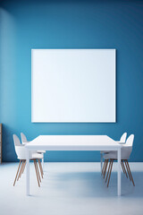 A contemporary blue meeting room with a whiteboard wall and a blank white empty frame.