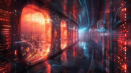 An artistic rendering of a futuristic data center with advanced security protocols and digital information storage