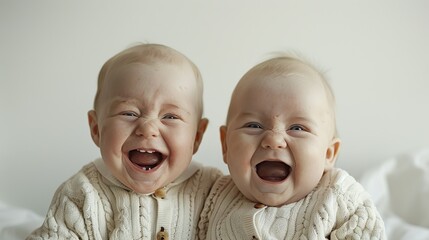 beginnings of joy: the heartwarming laughter of infant twins - obrazy, fototapety, plakaty