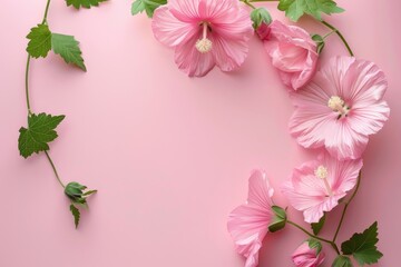 Pink Flowers Blooming on Pink Background With Green Leaves