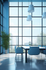 A contemporary blue meeting room with floor-to-ceiling windows and a blank white empty frame.