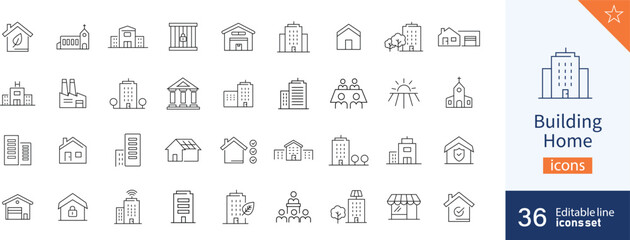 Building icons Pixel perfect. Home, tower, garage, ....