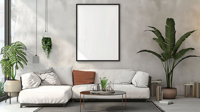 Blank poster frame mockup, in room interior with grunge walls