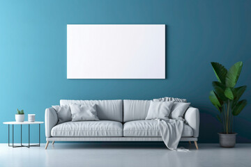 A contemporary blue living room with a cozy sofa and a blank white empty frame.