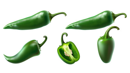Set of green hot spicy jalapenos or chili peppers, isolated on transparent background