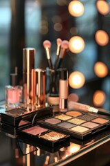 Luxurious makeup products on a vanity. An assortment of high-end makeup products and brushes elegantly displayed on a glass vanity with warm bokeh lights