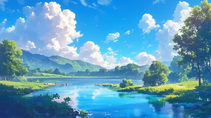 Lake anime style, background. Nature wallpaper