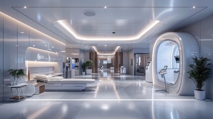 An artistic rendering of a futuristic medical clinic specializing in cardiology, featuring minimalist architecture