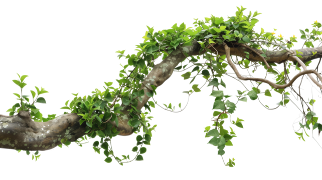Messy jungle vines liana plant climbing hanging on jungle tree trunk and twisted around tree branch, isolated on transparent background.
