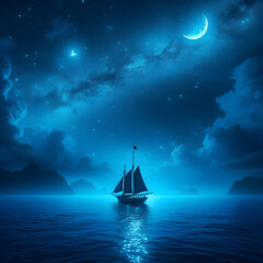 sailing ship in the night - obrazy, fototapety, plakaty