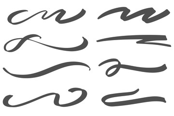 Swoosh vector lines. Hand drawn swash and swish strokes with swirl tail. Calligraphy squiggle waves. Doodle decorative marker flourish.