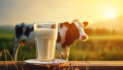 A glass of fresh milk on the background of a field and a cow on an eco farm - obrazy, fototapety, plakaty