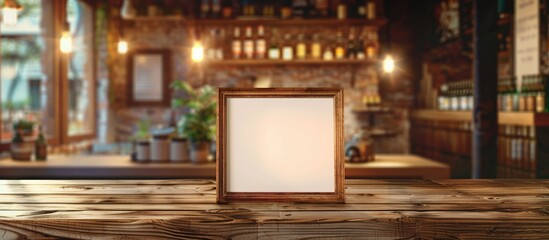 Menu frame displayed on a wooden table at a bar, restaurant, or cafe, with room for text.