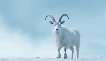 White mountain goat in fog in the mountains on white background