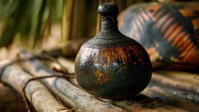 A small calabash gourd filled with a dark earthy liquid believed to have powerful healing properties and often used in traditional African tribal medicine.