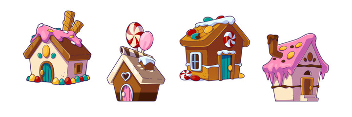 Fantasy candy land house for game cartoon set. Sweet confectionery with cream building for chocolate fairy tale city. Fantastic princess dream dessert home made of sugar and lollipop town object