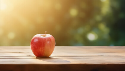 Red apple on table on garden background in summer