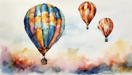 Watercolor Hot Air Balloons Rising in a Cloudy Sky
