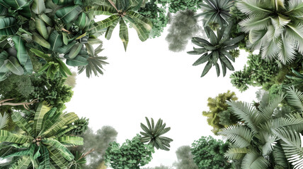 Aerial overhead view of tropical forest trees and foliage, isolated on transparent background.
