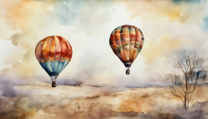 Watercolor Scene of Hot Air Balloons Drifting Over Barren Landscape