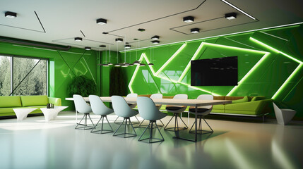 Fototapeta na wymiar A chic meeting space featuring a neon green color scheme and a blank white frame mounted on a wall with geometric patterns.