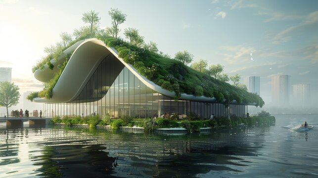 An artistic rendering of a minimalist futuristic farm of the future, featuring innovative technology for sustainable agriculture