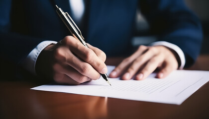 Man signing important document in suit hand and pen close-up