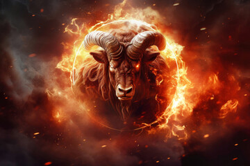 A ram, symbolizing the zodiac sign Aries, stands boldly in front of a circle of fire, showcasing its majestic large horns - obrazy, fototapety, plakaty