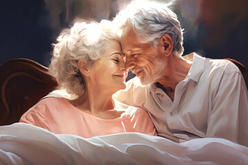 A painting depicting an elderly man and woman laying side by side on a bed, showcasing love and companionship in old age