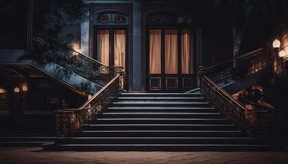 The staircase in the luxury house is wooden and dark