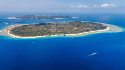 Aerial view of the islands of Gili Meno and Trawangan between Lombok and Bali in Indonesia