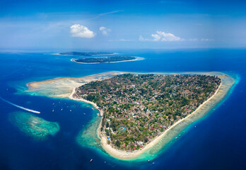 Aerial view of the 3 Gili Islands in Lombok, Indonesia