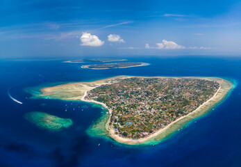 Aerial view of the 3 Gili Islands in Lombok, Indonesia