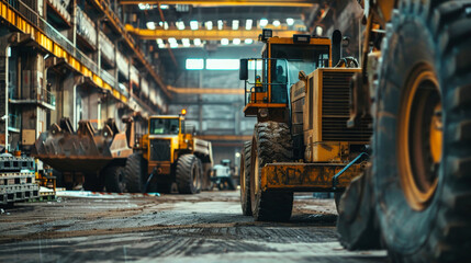 Fototapeta premium Large Yellow Bulldozer Inside Repair Shop